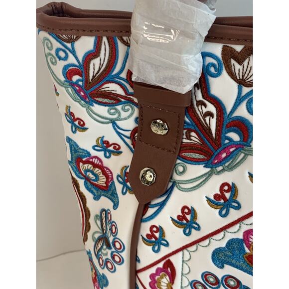 NEW Fricaine Brown Embroidered Tote Floral Leather Purse Handbag - Picture 3 of 11